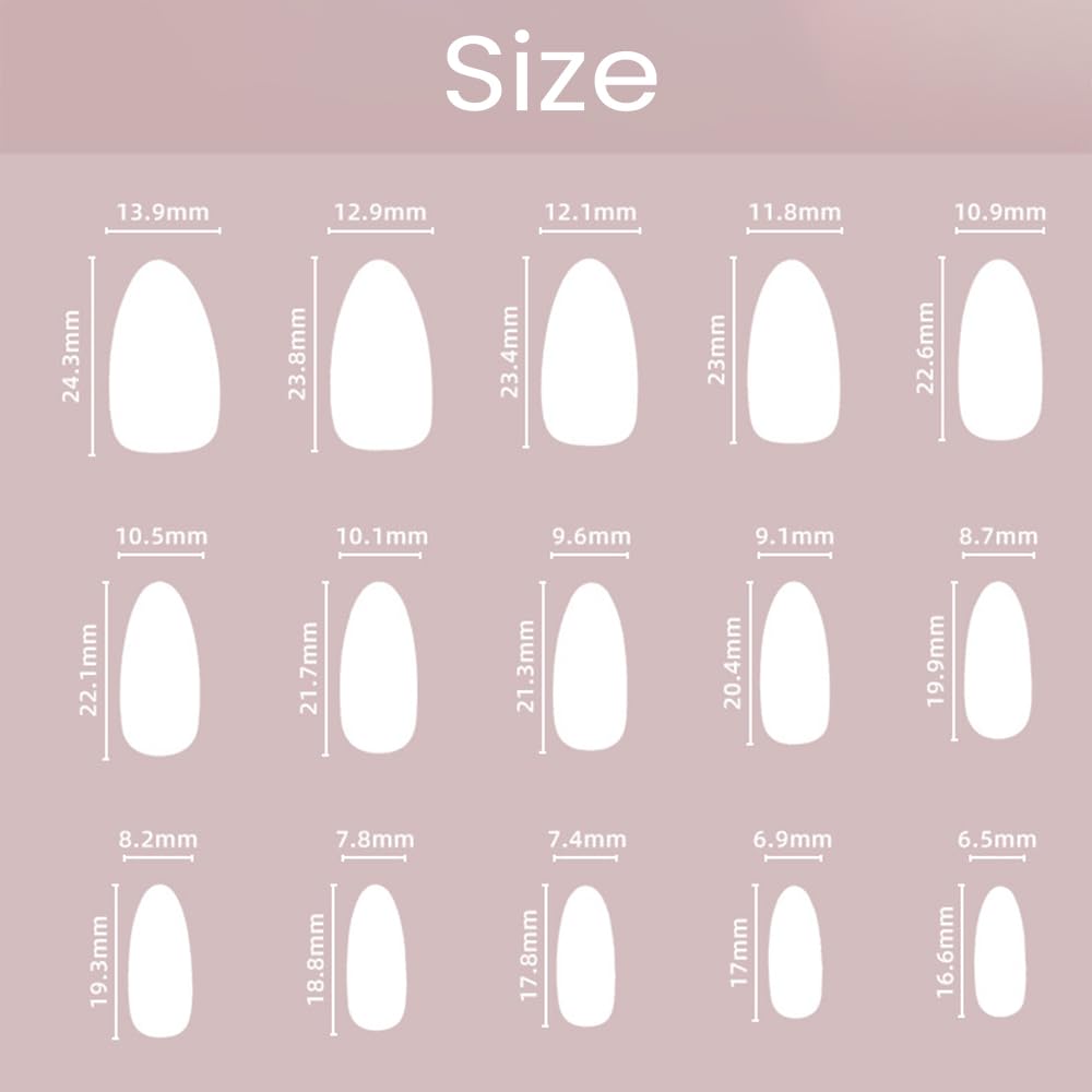 Press On Nails - Almond Fake Nails - French Tip False Nails Press ons - Medium Glue on Nails with Chrome Design - for Women Stick on Nail 24Pcs