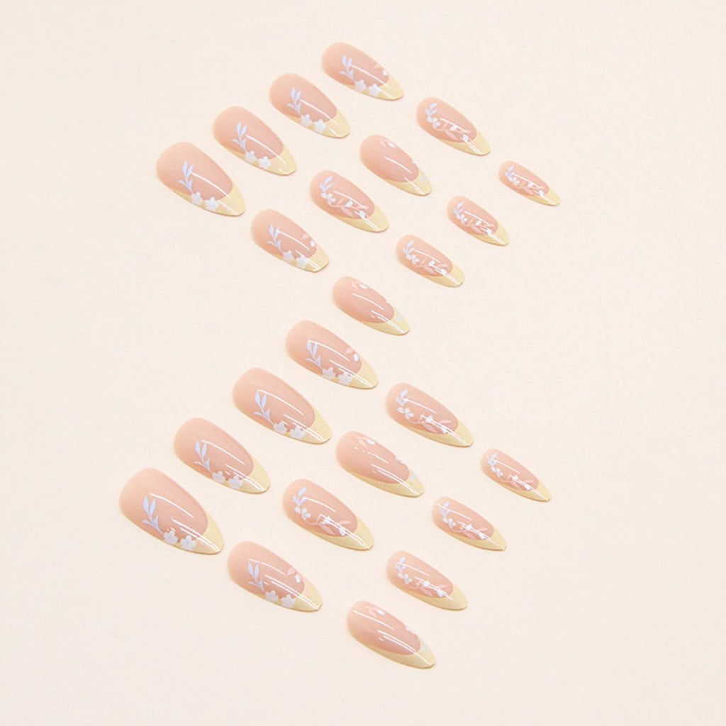 Flower Almond Press on Nails Medium Fake Nails French Tip False Nails with Designs Floral Glue on Nails Glossy Full Cover Acrylic Artificial Cute Stick on Nail for Women Nail Manicure 24pcs