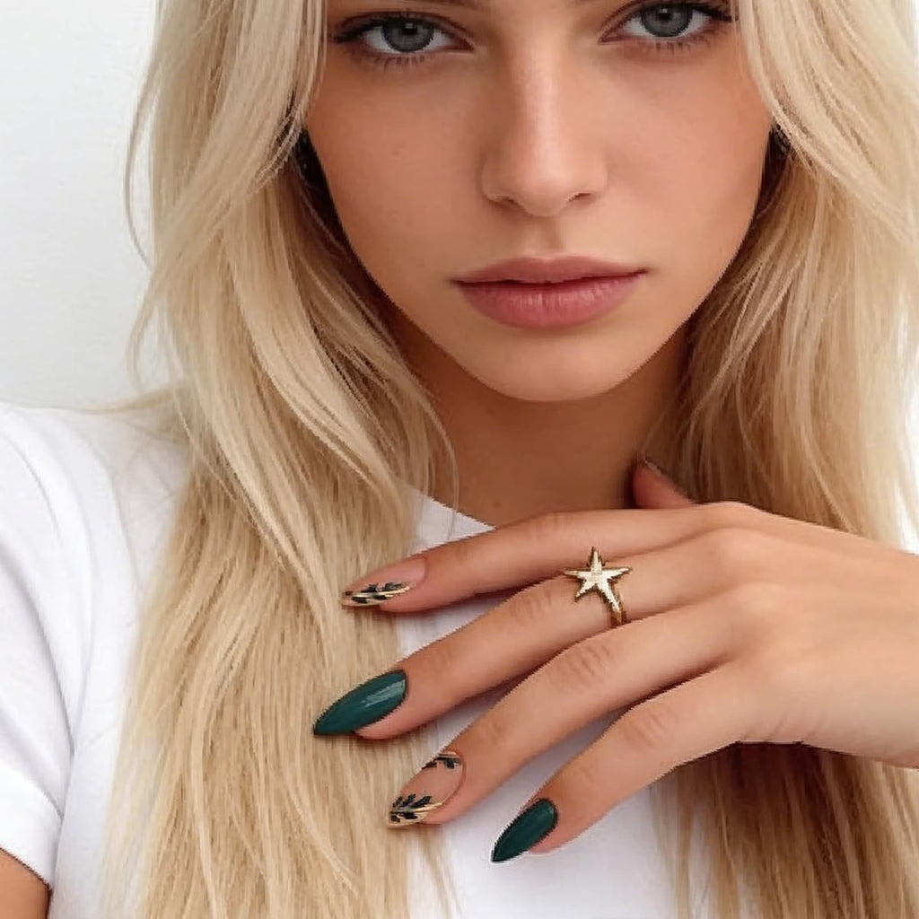 FJSMTOPl Green Press on Nails - Medium Almond Fake Nails - with Designs Leaf False Nails Press ons - Glue on Nails St Patricks Day Nails Acrylic Stick on Nail for Women 24 Pcs