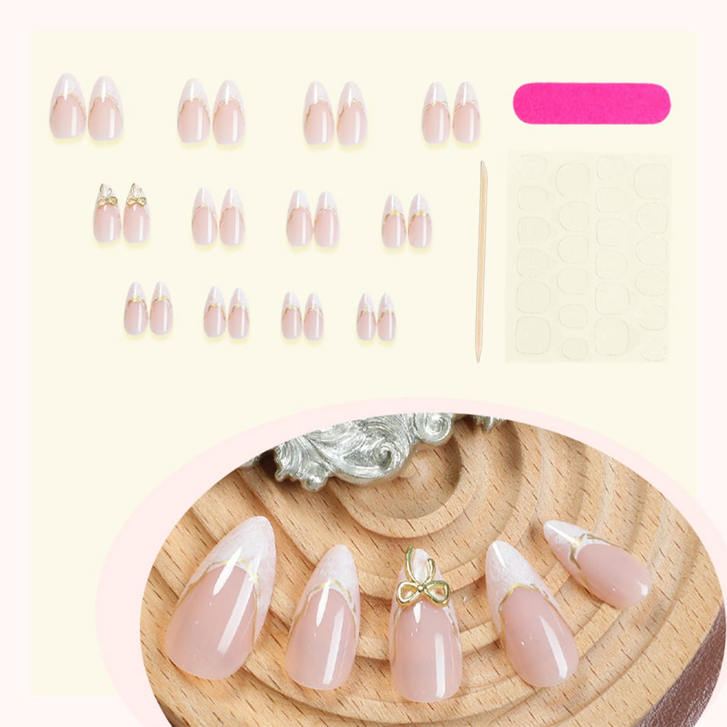 Medium Almond Fake Nails with 3D Bow Acrylic Nails Design Gold Line Stick on Nails French False Nails Kit Full Cover Glue on Nails for Women Nail Decoration