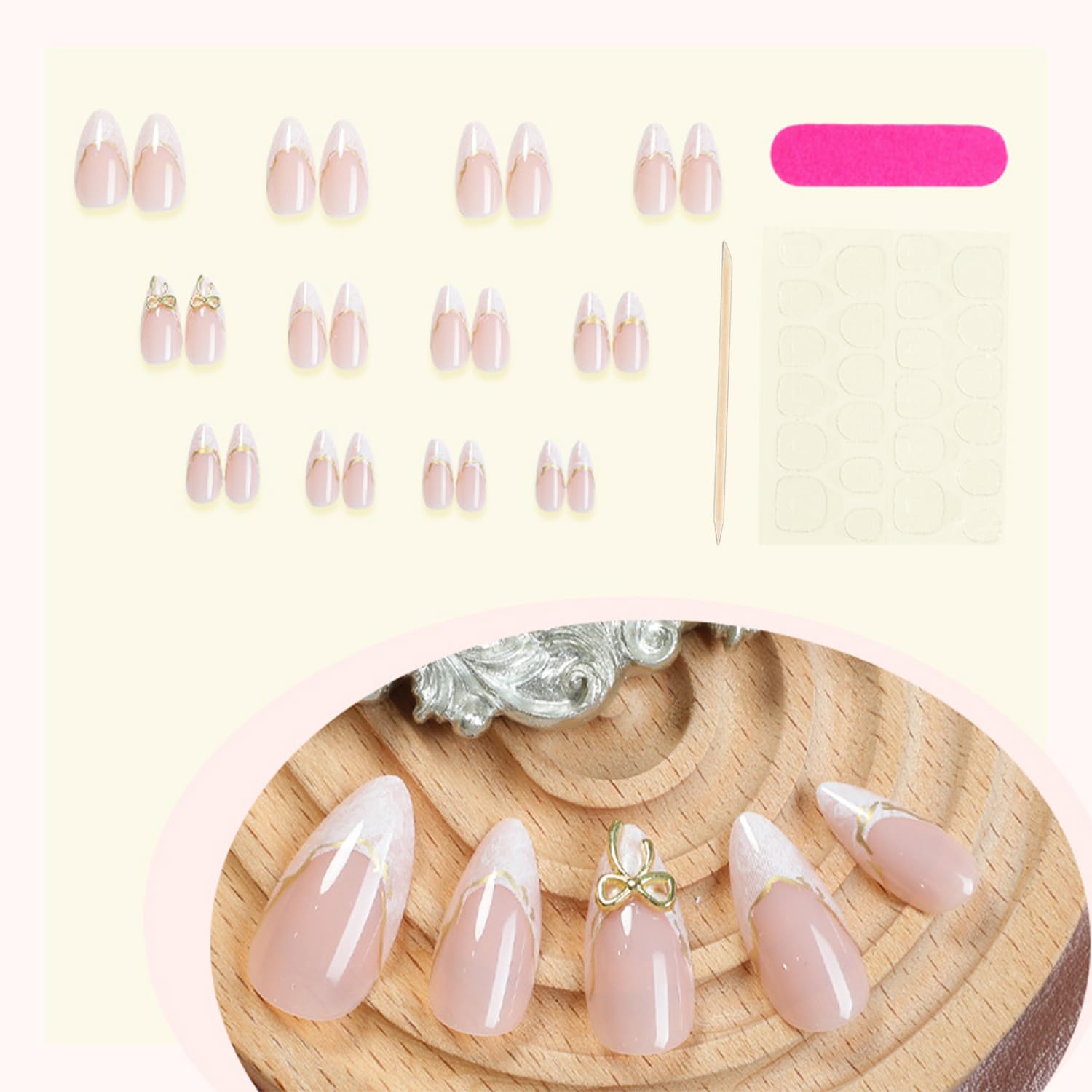 Medium Almond Fake Nails with 3D Bow Acrylic Nails Design Gold Line Stick on Nails French False Nails Kit Full Cover Glue on Nails for Women Nail Decoration