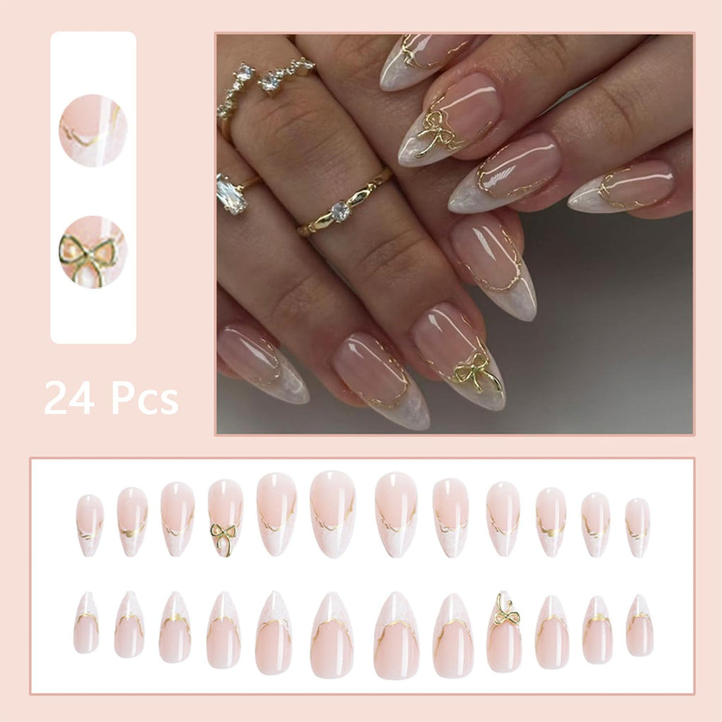 Medium Almond Fake Nails with 3D Bow Acrylic Nails Design Gold Line Stick on Nails French False Nails Kit Full Cover Glue on Nails for Women Nail Decoration