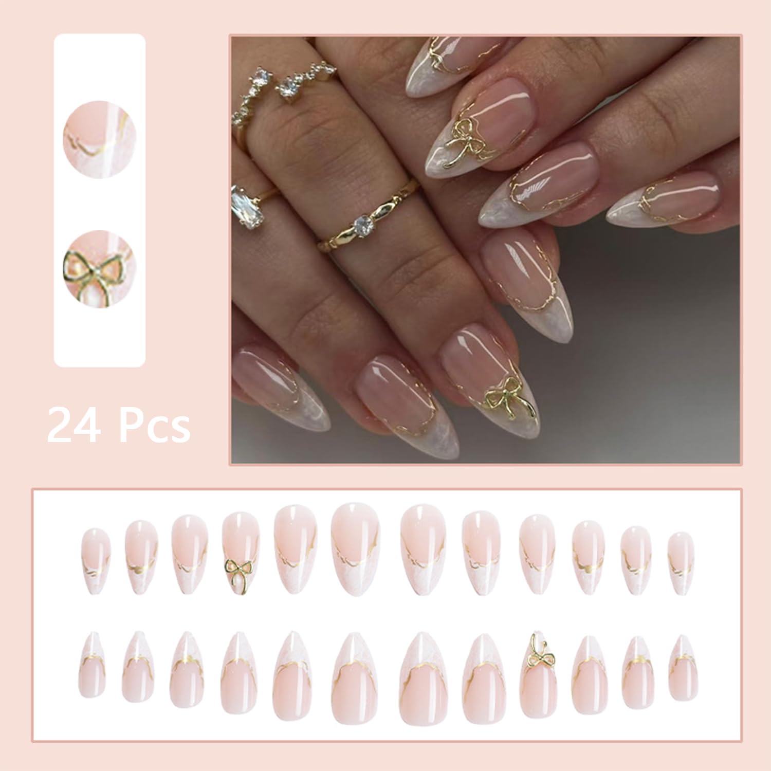 Medium Almond Fake Nails with 3D Bow Acrylic Nails Design Gold Line Stick on Nails French False Nails Kit Full Cover Glue on Nails for Women Nail Decoration
