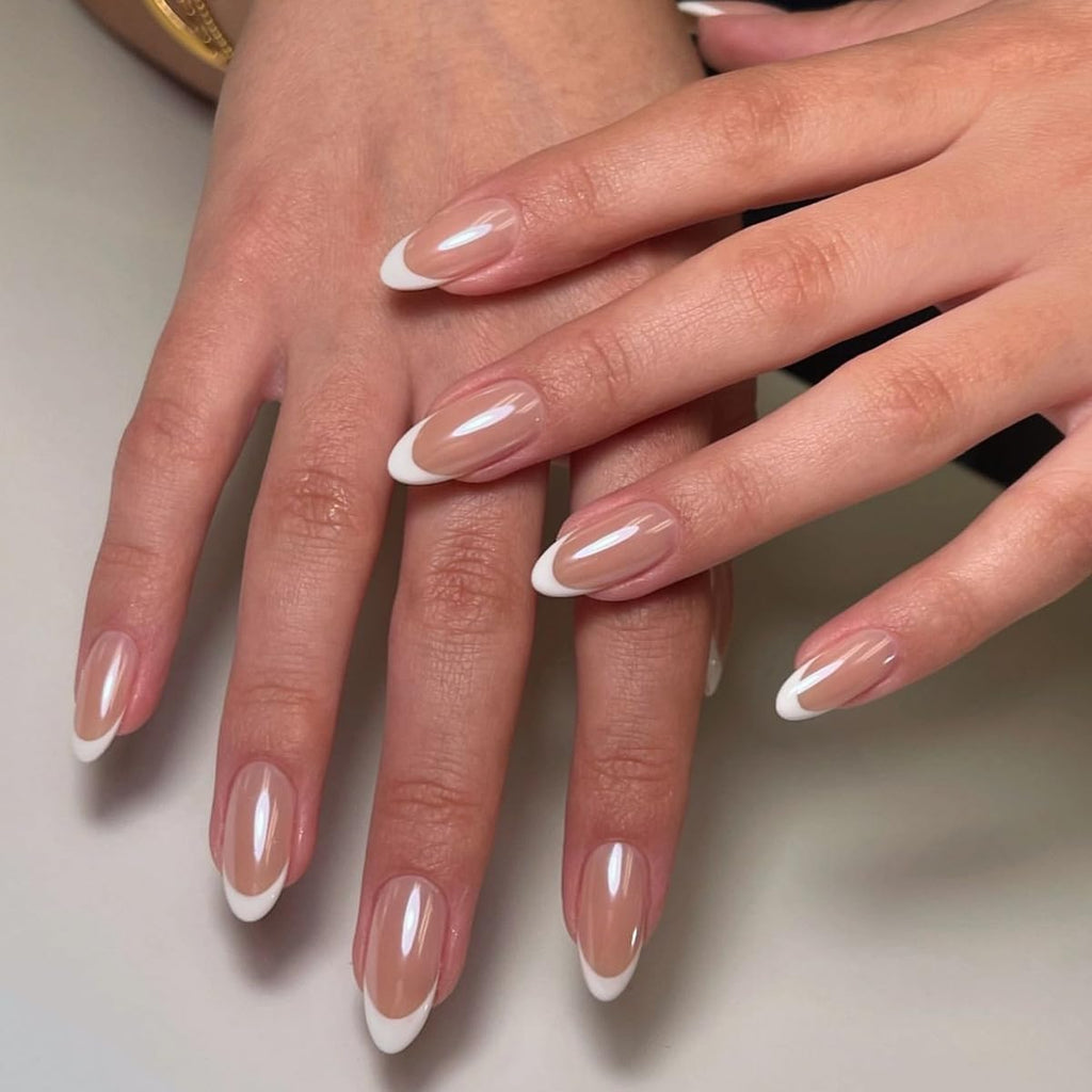 Press On Nails - Almond Fake Nails - French Tip False Nails Press ons - Medium Glue on Nails with Chrome Design - for Women Stick on Nail 24Pcs