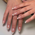 Press On Nails - Almond Fake Nails - French Tip False Nails Press ons - Medium Glue on Nails with Chrome Design - for Women Stick on Nail 24Pcs
