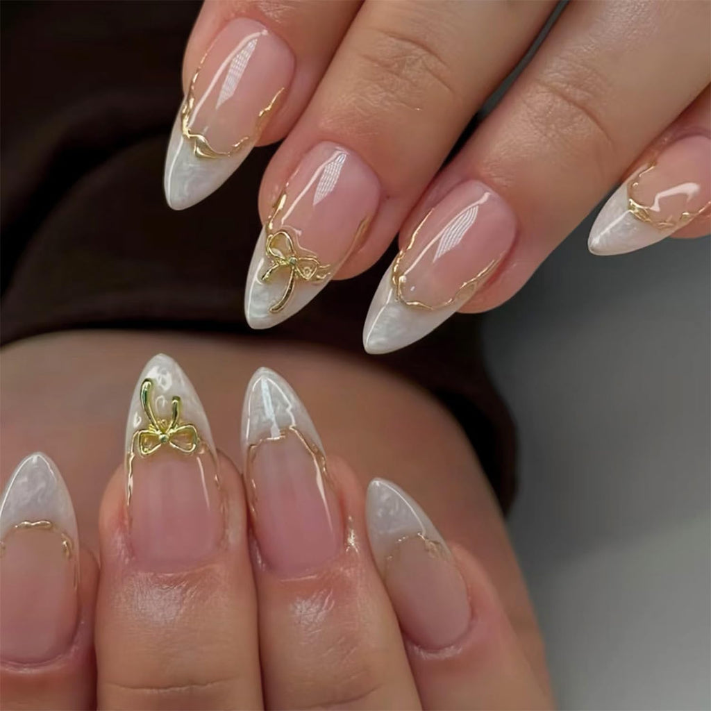 Medium Almond Fake Nails with 3D Bow Acrylic Nails Design Gold Line Stick on Nails French False Nails Kit Full Cover Glue on Nails for Women Nail Decoration