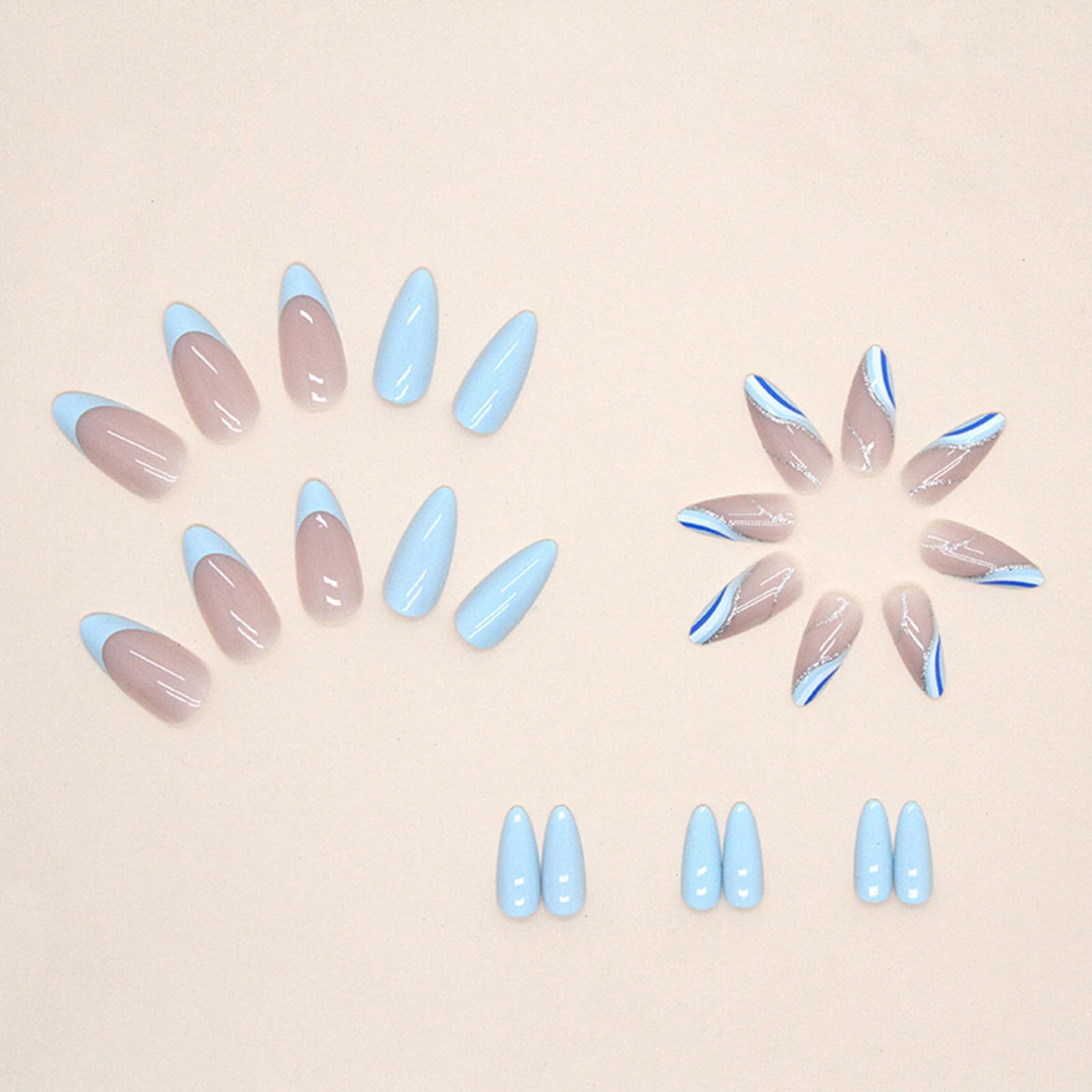 FJSMTOPl Blue Press on Nails Almond Fake Nails Press ons Medium False Nails with Designs Glitter Wave Acrylic Glue on Nails Artificial Stick on Nail for Women Manicure 24Pcs