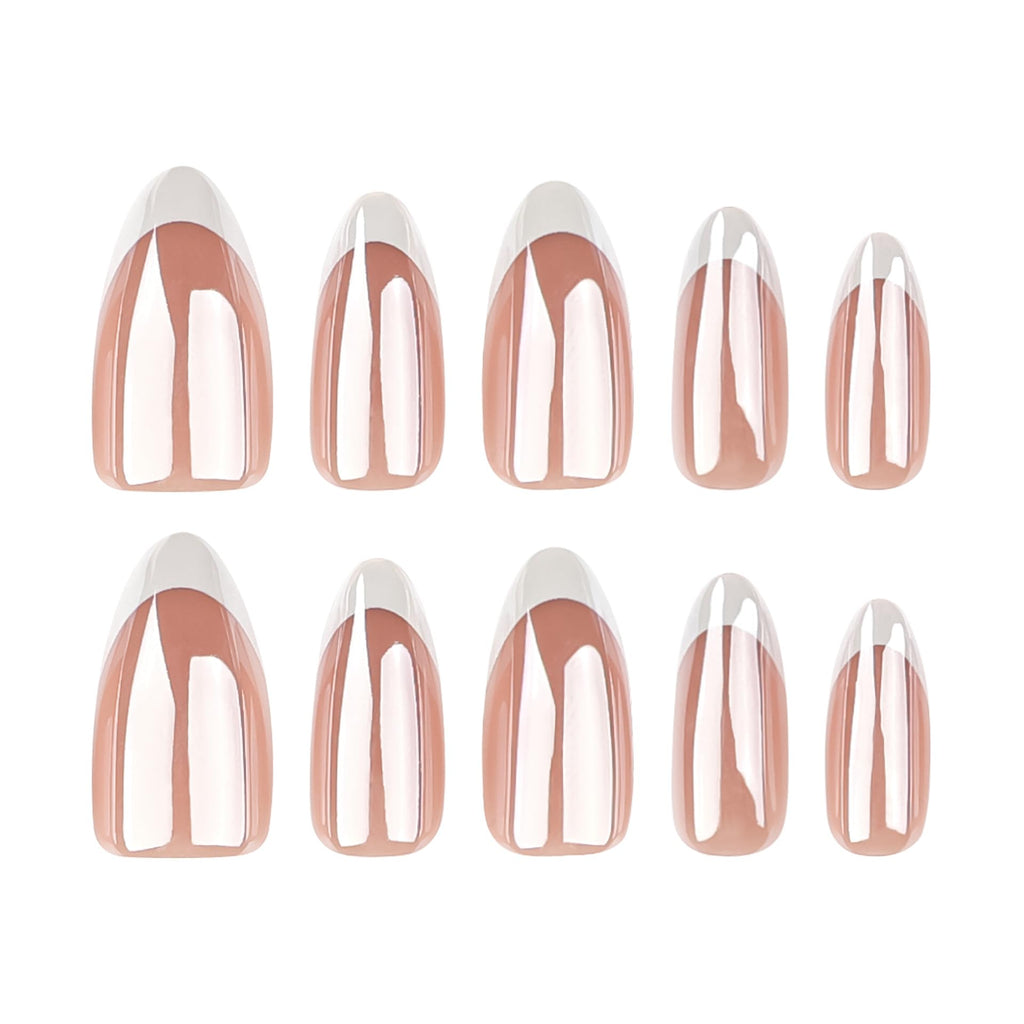 Press On Nails - Almond Fake Nails - French Tip False Nails Press ons - Medium Glue on Nails with Chrome Design - for Women Stick on Nail 24Pcs