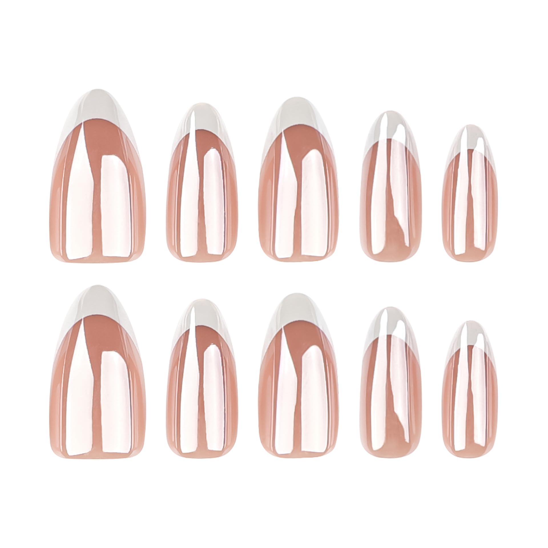 Press On Nails - Almond Fake Nails - French Tip False Nails Press ons - Medium Glue on Nails with Chrome Design - for Women Stick on Nail 24Pcs