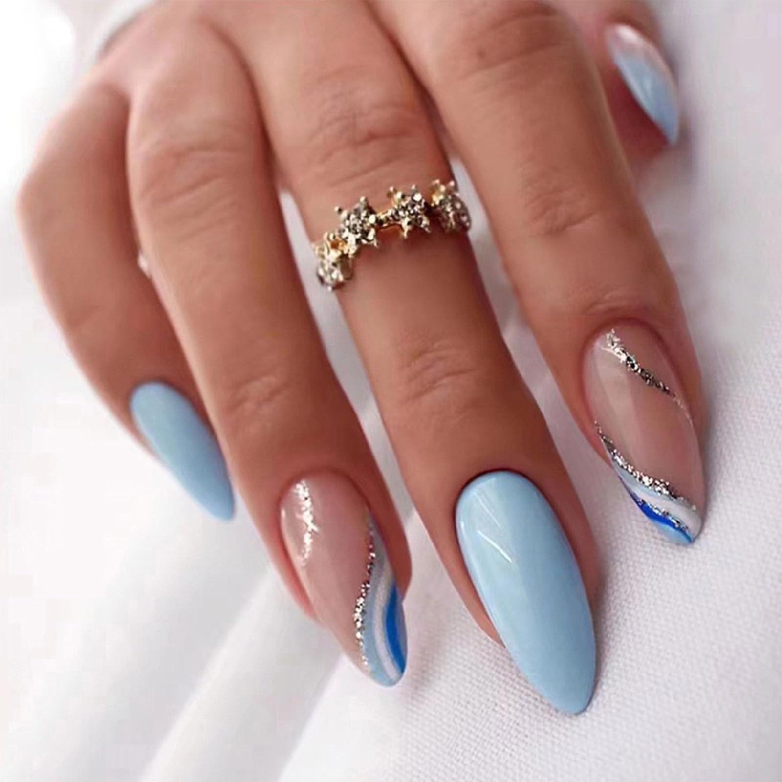 FJSMTOPl Blue Press on Nails Almond Fake Nails Press ons Medium False Nails with Designs Glitter Wave Acrylic Glue on Nails Artificial Stick on Nail for Women Manicure 24Pcs