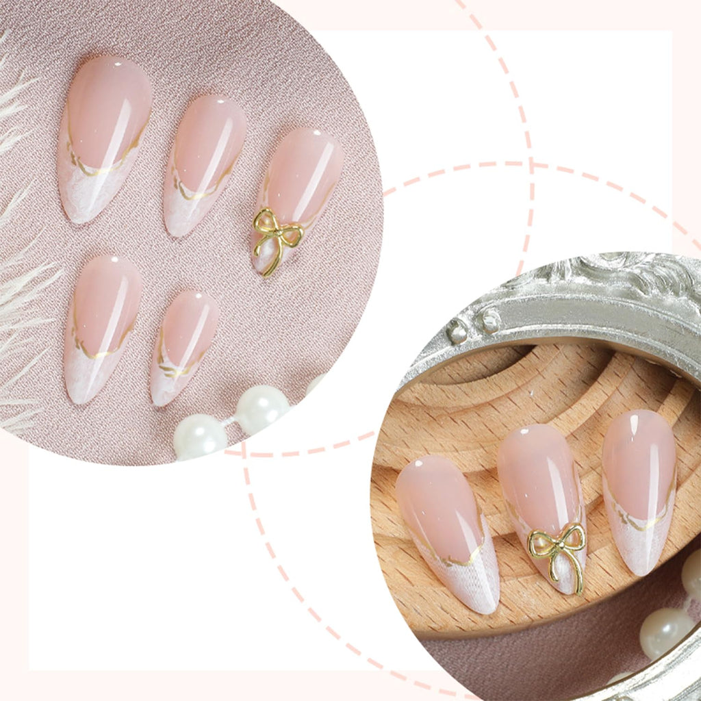 Medium Almond Fake Nails with 3D Bow Acrylic Nails Design Gold Line Stick on Nails French False Nails Kit Full Cover Glue on Nails for Women Nail Decoration