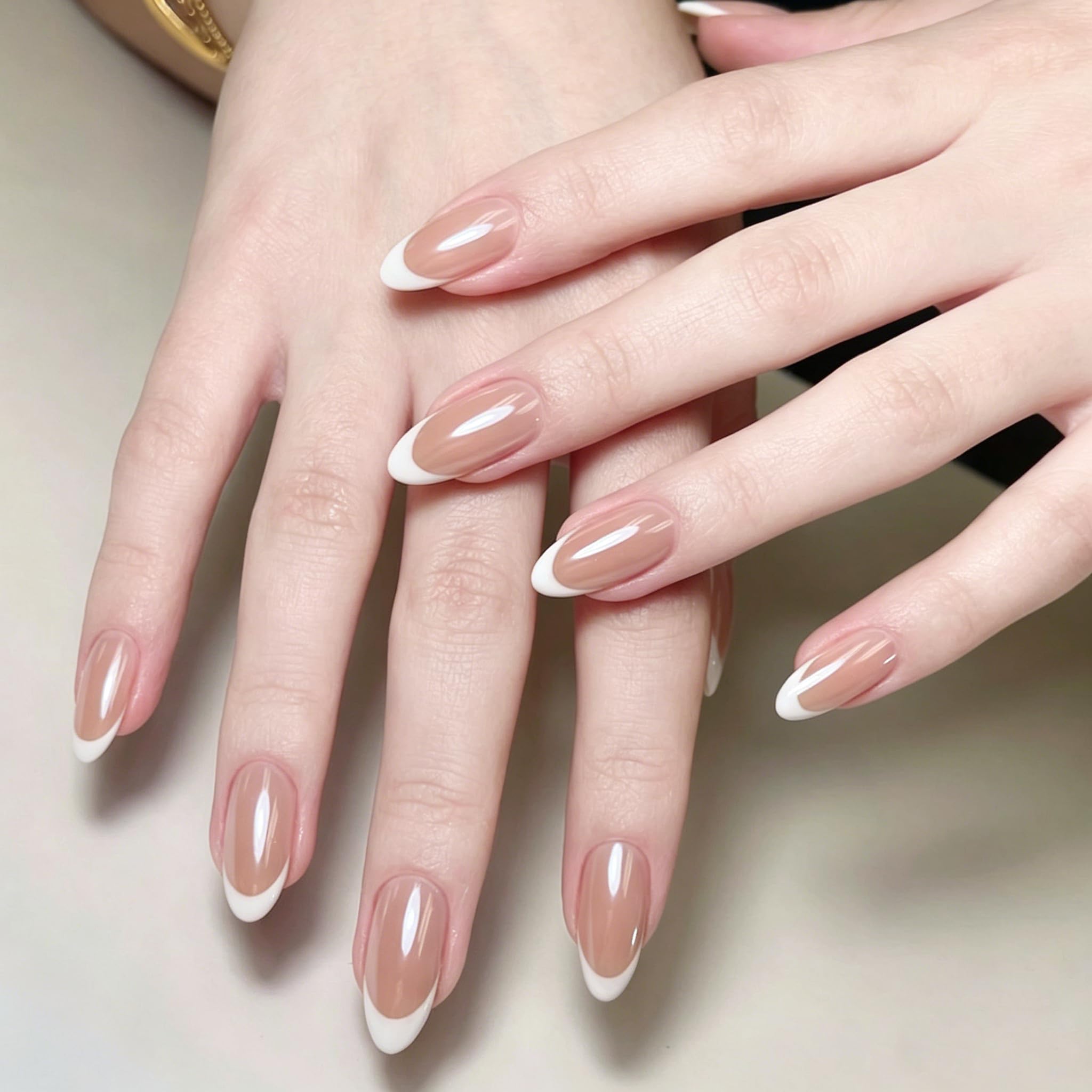 Press On Nails - Almond Fake Nails - French Tip False Nails Press ons - Medium Glue on Nails with Chrome Design - for Women Stick on Nail 24Pcs