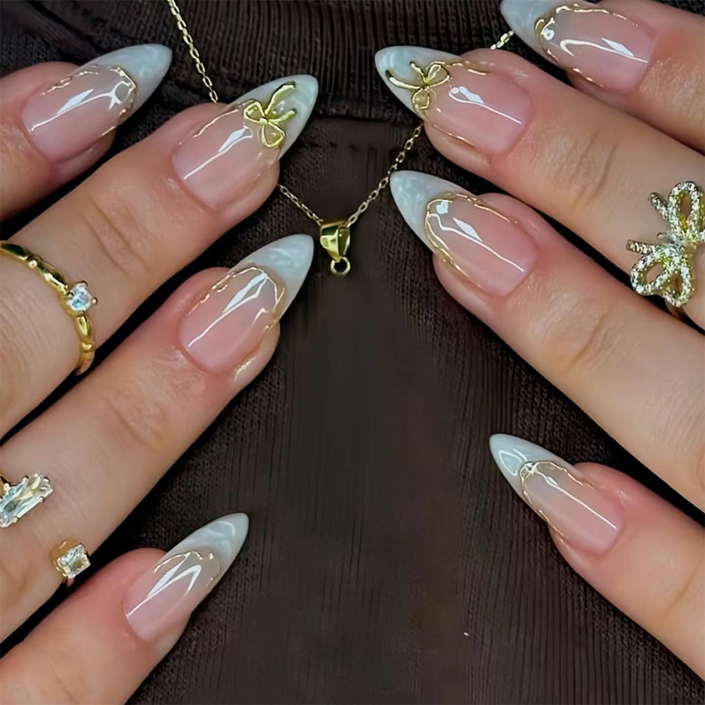 Medium Almond Fake Nails with 3D Bow Acrylic Nails Design Gold Line Stick on Nails French False Nails Kit Full Cover Glue on Nails for Women Nail Decoration