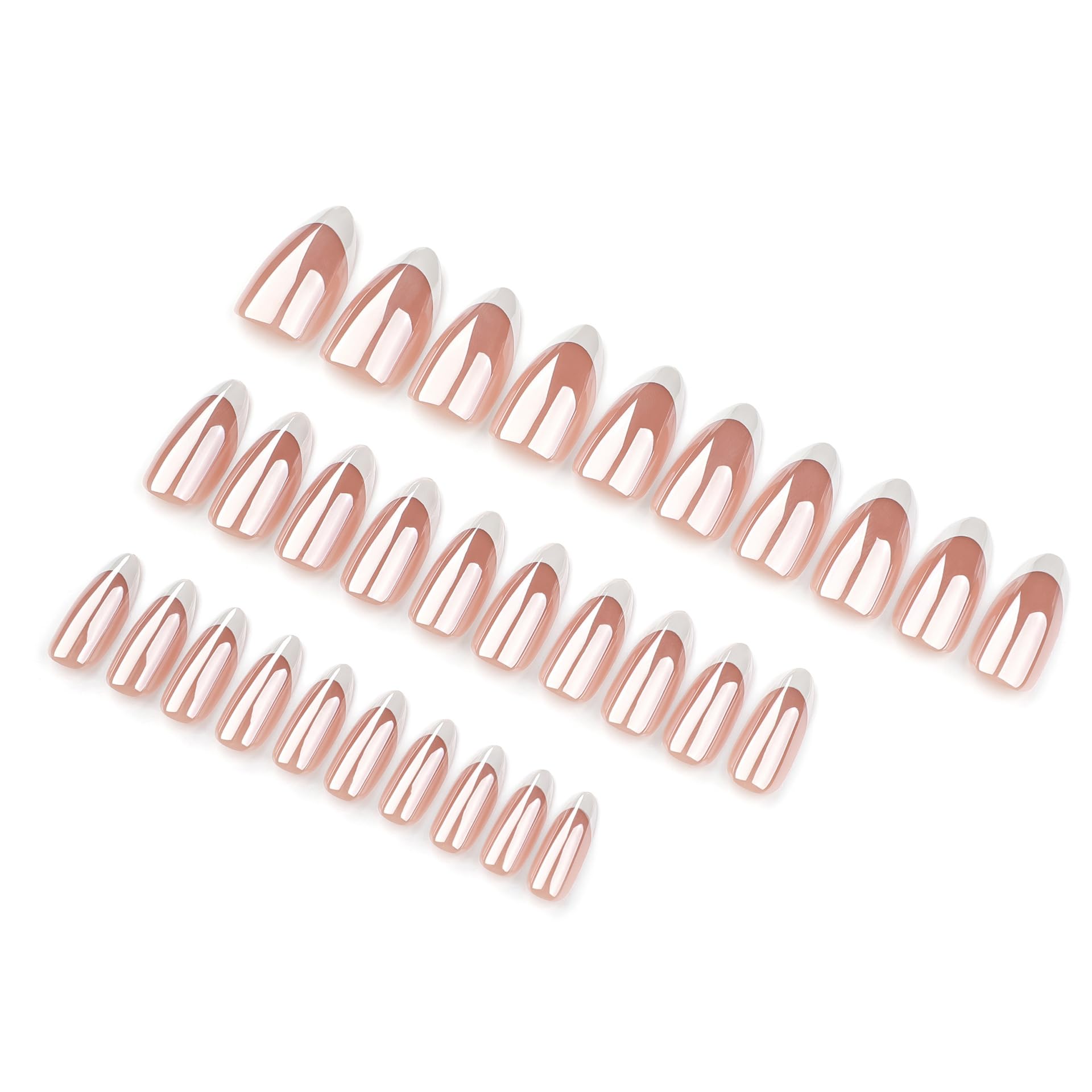 Press On Nails - Almond Fake Nails - French Tip False Nails Press ons - Medium Glue on Nails with Chrome Design - for Women Stick on Nail 24Pcs