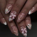 FJSMTOPl Bow Press on Nails - Flower Fake Nails Press ons - Almond Pink False Nails with Designs 3D - Acrylic French Tip Cute Glue on Nails - for Spring Women Stick on Nails 24Pcs