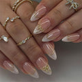 Medium Almond Fake Nails with 3D Bow Acrylic Nails Design Gold Line Stick on Nails French False Nails Kit Full Cover Glue on Nails for Women Nail Decoration